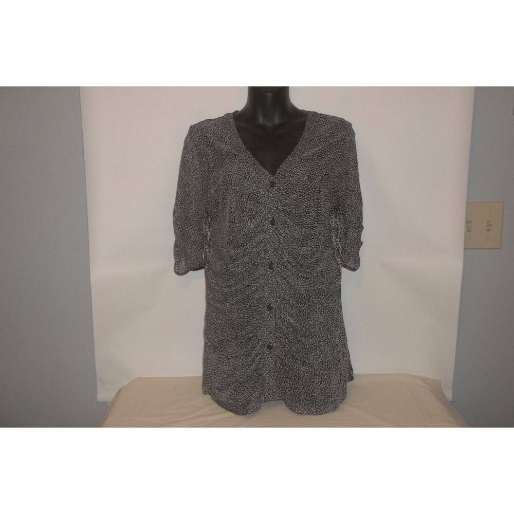 Cabi Black Pebble Print Gathered Ruched Placket Button Down Mesh Top Size M